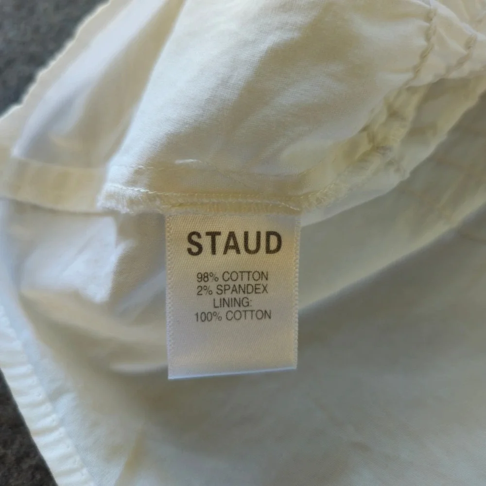 STAUD Puff Sleeve Top Sz M White Smock Waist Scoop Neck Poplin Boho Chic FLAWED